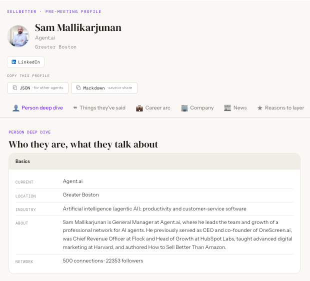 One LinkedIn URL in, a self-contained pre-meeting profile out — with Copy-as-JSON and Copy-as-Markdown one click away.